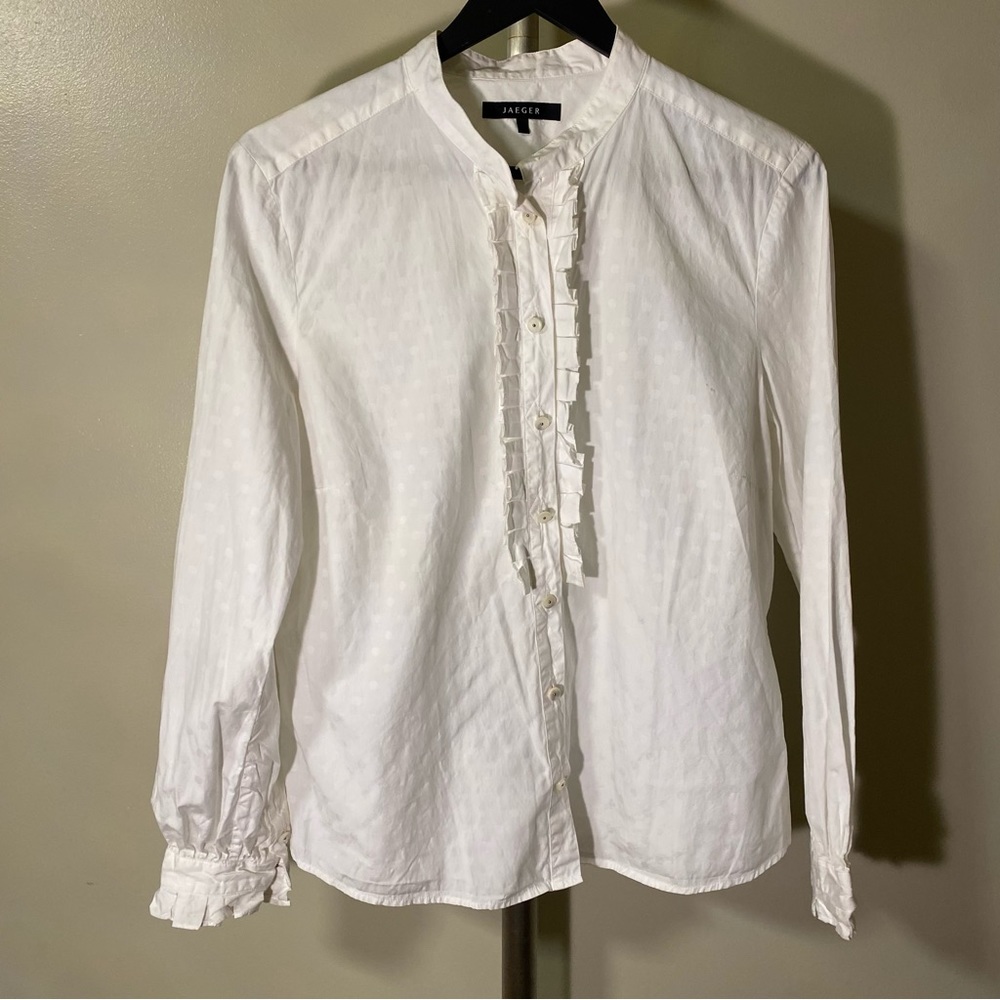 Jaeger Victorian Elegance: Round Neck Frill Shirt with Embossed Polkadots